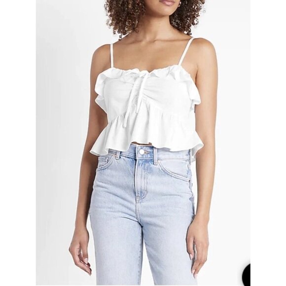 Express Cami Womens Size XL White Tie Ruffle Peplum Cropped top tank cotton crop - Picture 2 of 12